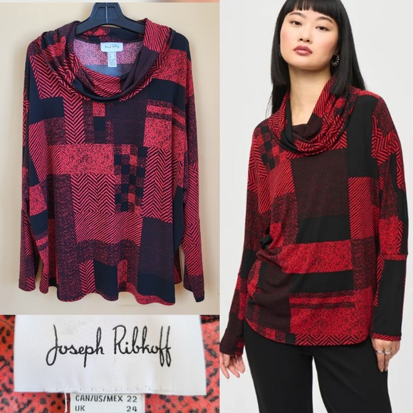Joseph Ribkoff Tops - Joseph Ribkoff Black Red Silky Knit Patchwork Print Cowl Neck  Boxy Top